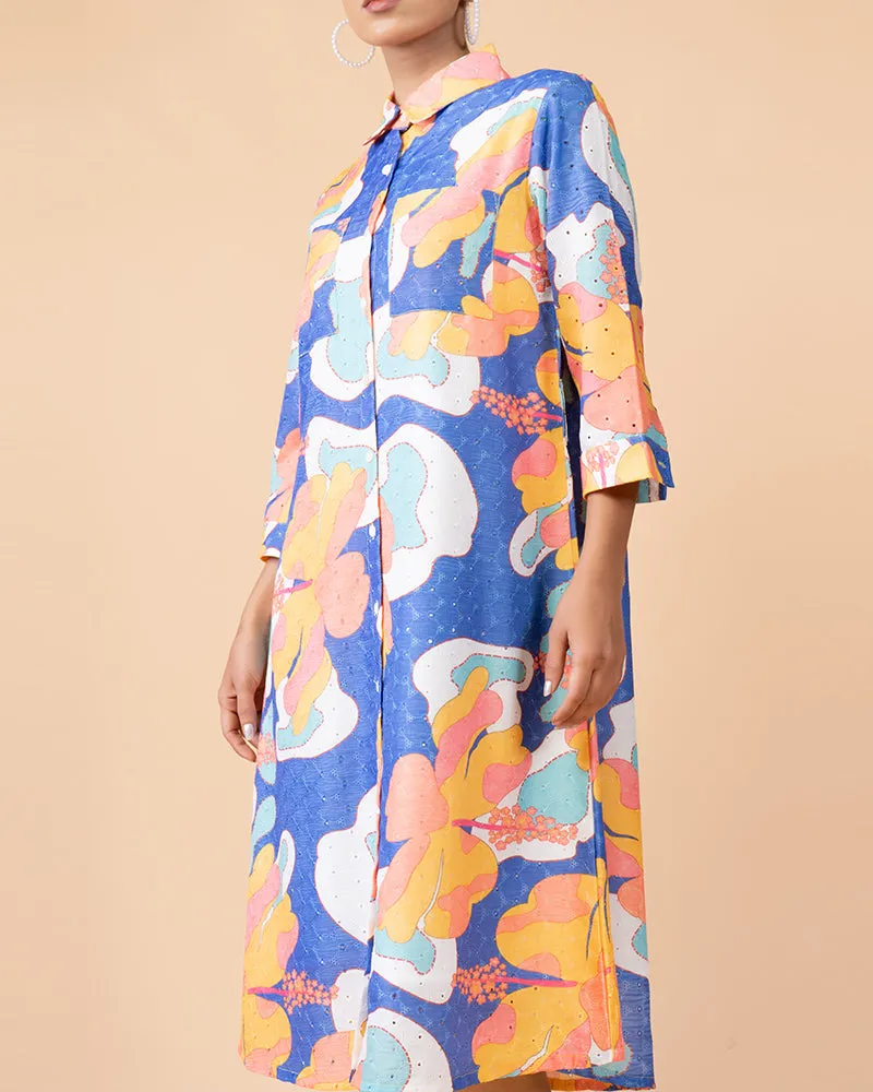 Blue Floral Printed Knee-Length Dress