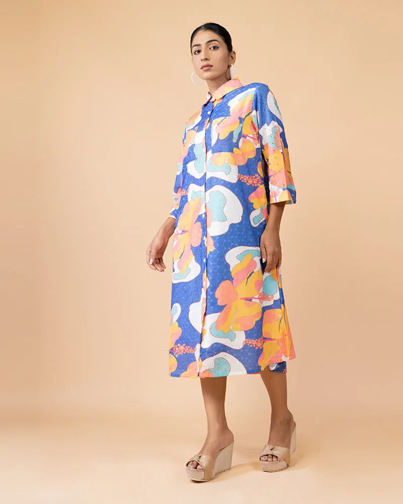 Blue Floral Printed Knee-Length Dress