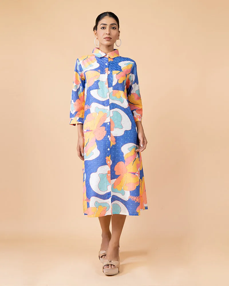 Blue Floral Printed Knee-Length Dress