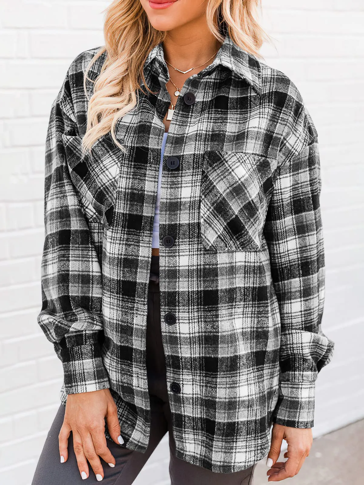 Blue Womens Casual Plaid Shirts Color Block Long Sleeve Lapel Button Jacket Coats with Pockets - LOGENE