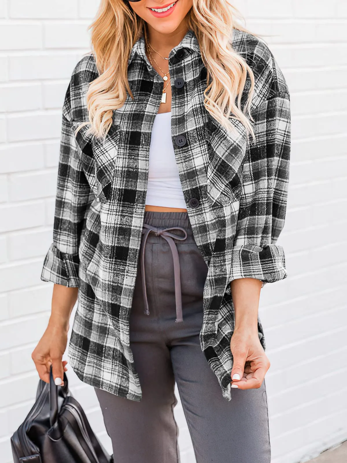 Blue Womens Casual Plaid Shirts Color Block Long Sleeve Lapel Button Jacket Coats with Pockets - LOGENE