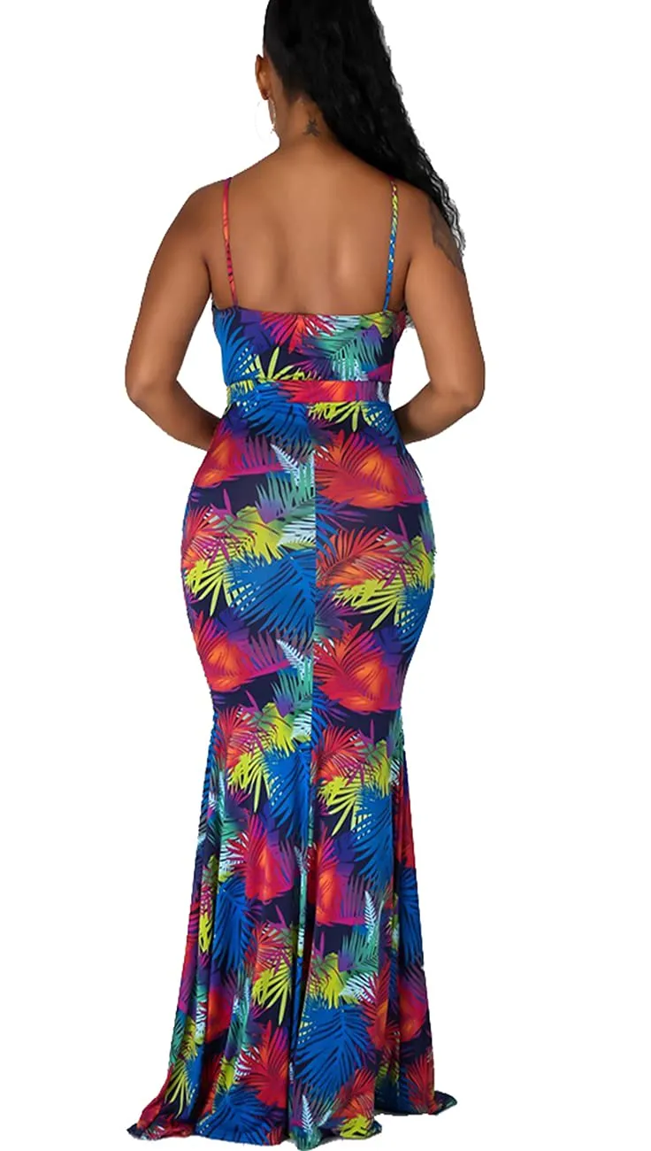 Blue0181 Women's Summer Floral Spaghetti Strap Maxi Dresses Sexy V-Neck Beach Boho Tropical Long Sundress - HannahZone