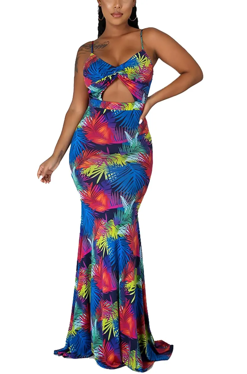 Blue0181 Women's Summer Floral Spaghetti Strap Maxi Dresses Sexy V-Neck Beach Boho Tropical Long Sundress - HannahZone