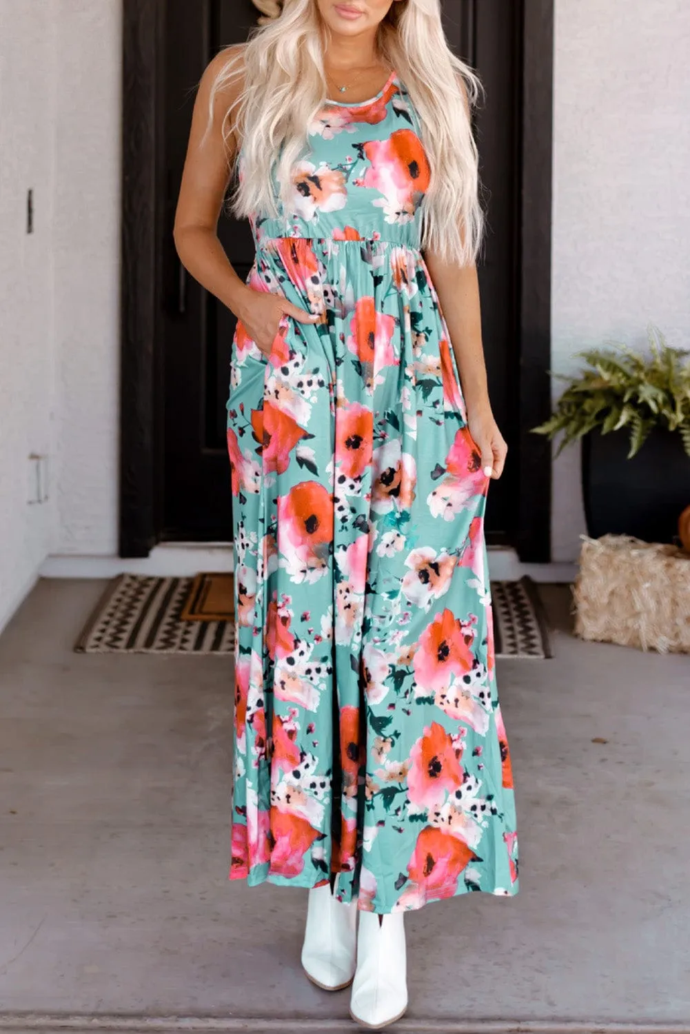 Bohemian Sky Blue Floral Maxi Dress with High Waist