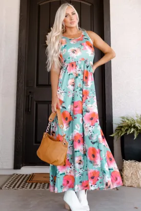 Bohemian Sky Blue Floral Maxi Dress with High Waist