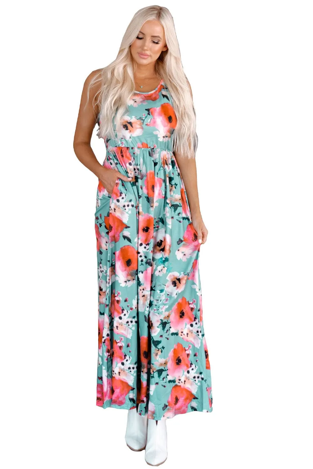 Bohemian Sky Blue Floral Maxi Dress with High Waist