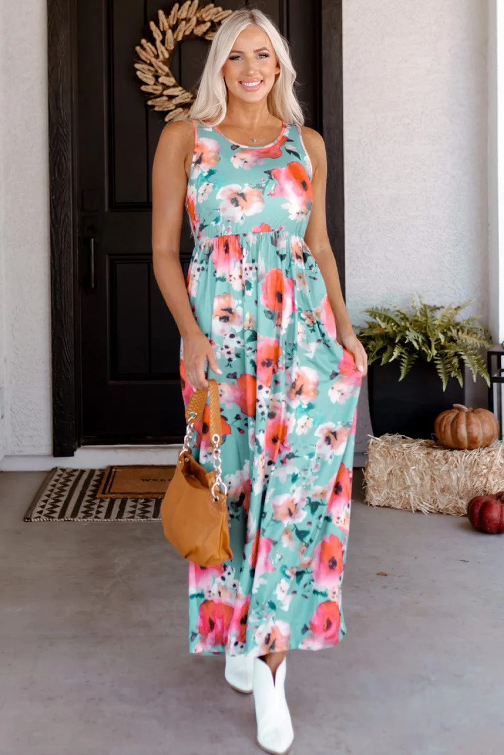 Bohemian Sky Blue Floral Maxi Dress with High Waist