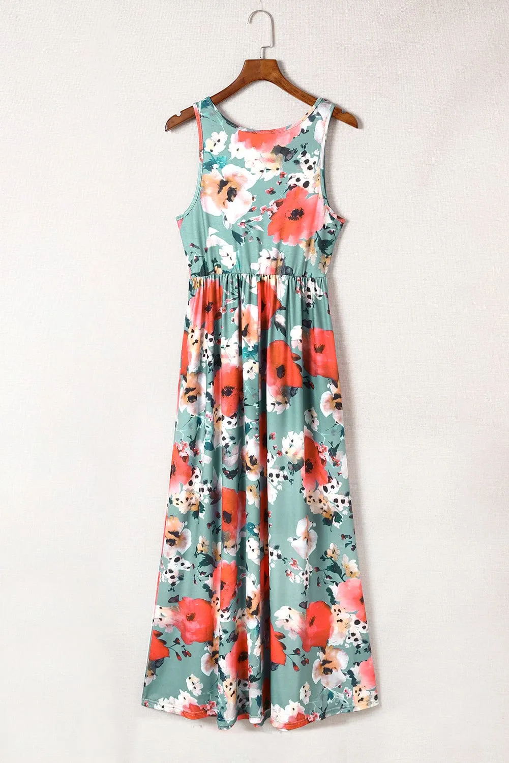 Bohemian Sky Blue Floral Maxi Dress with High Waist