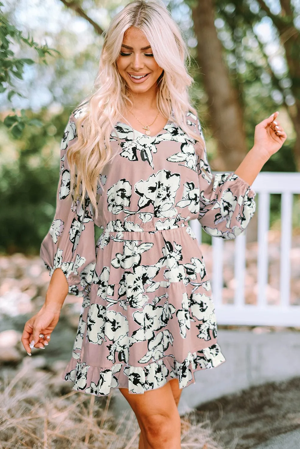 Boho Chic Apricot Blue Floral Tunic Dress with Lantern Sleeves