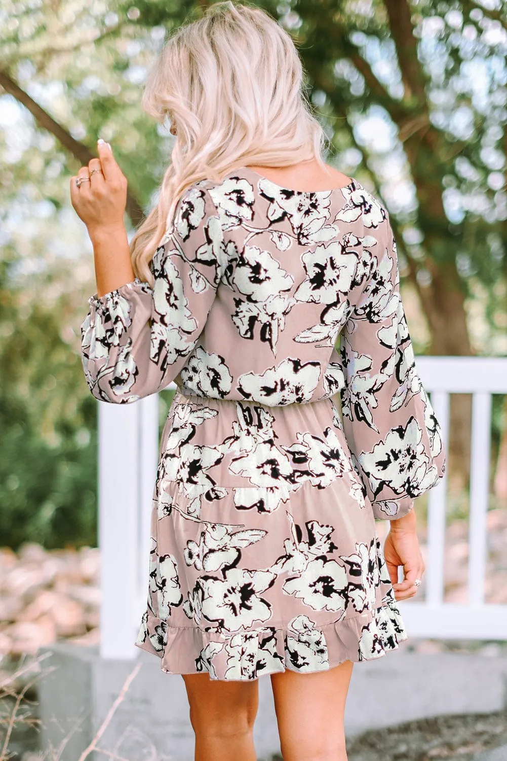 Boho Chic Apricot Blue Floral Tunic Dress with Lantern Sleeves