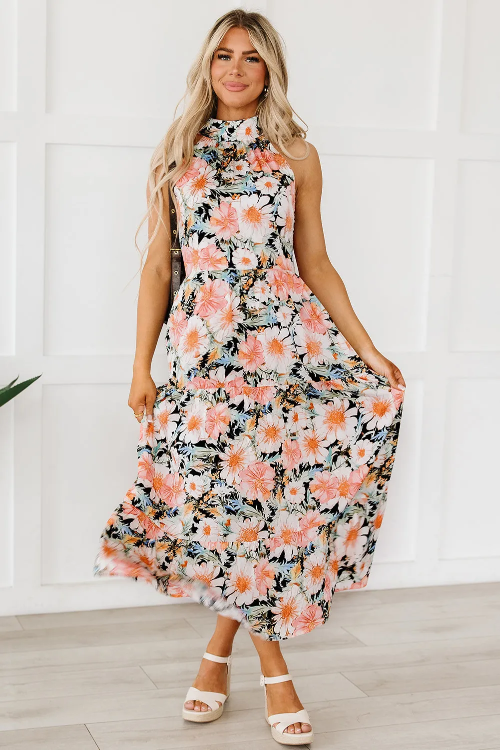 Boho Floral Knotted Halter Maxi Dress