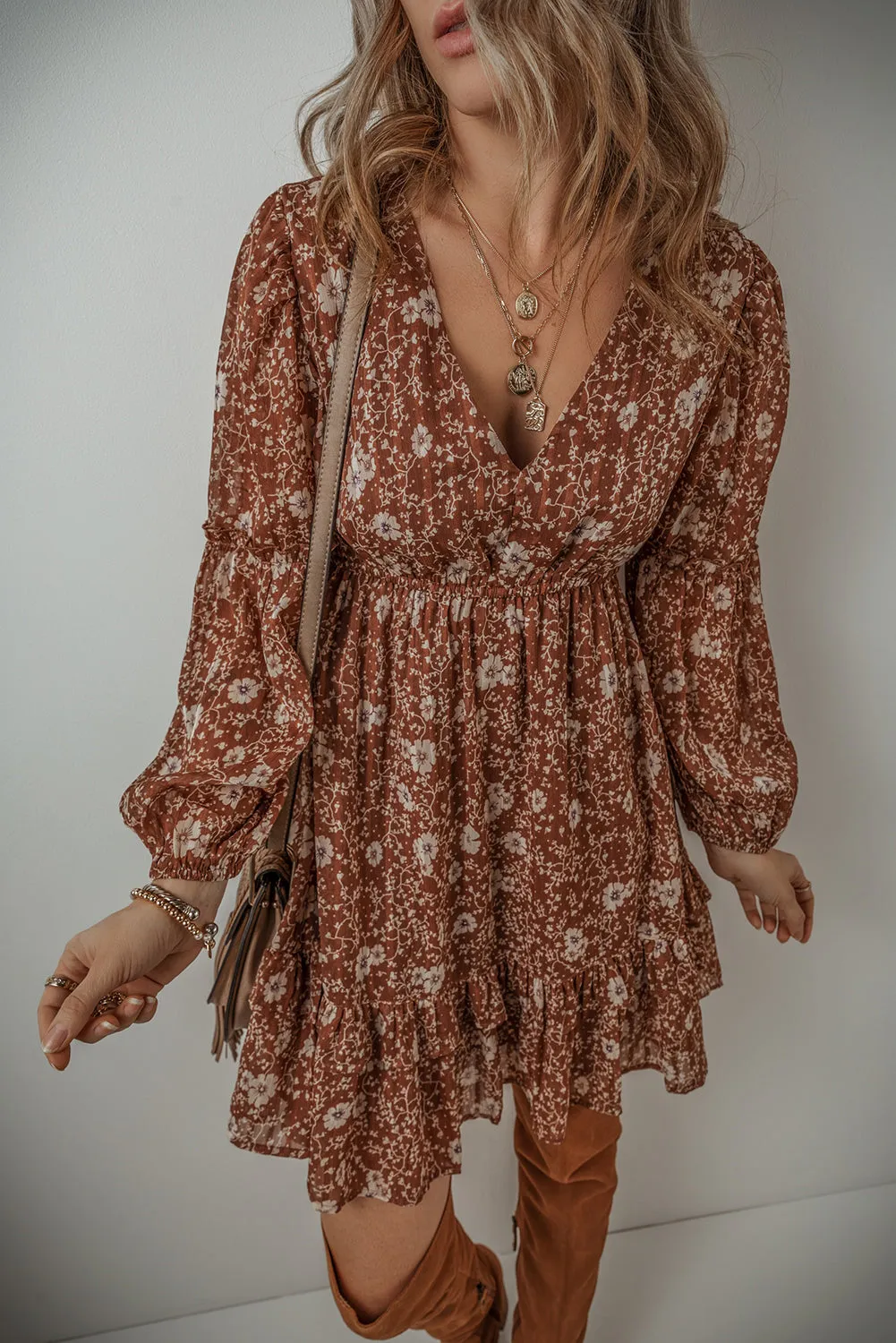 Boho Floral Ruffled Puff Sleeve Mini Dress