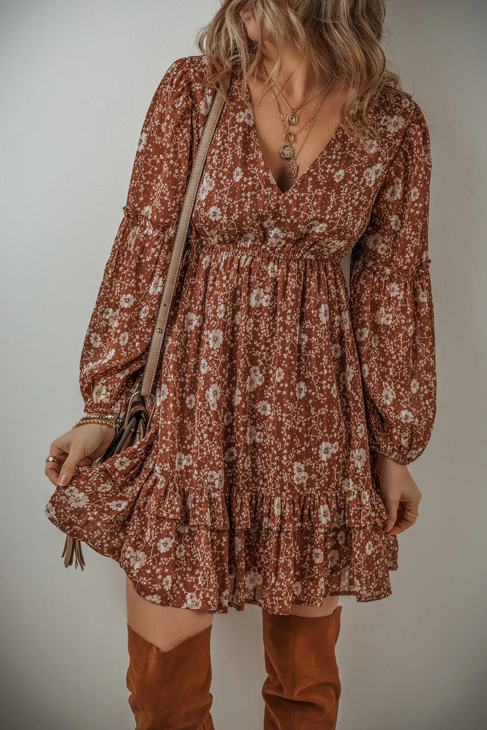 Boho Floral Ruffled Puff Sleeve Mini Dress