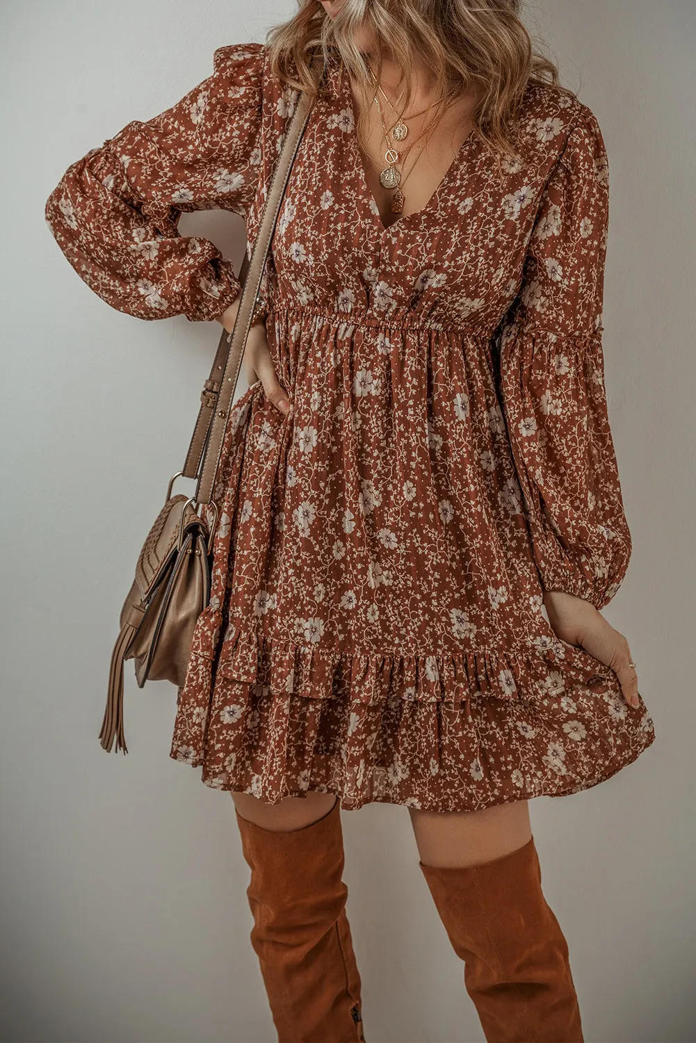 Boho Floral Ruffled Puff Sleeve Mini Dress