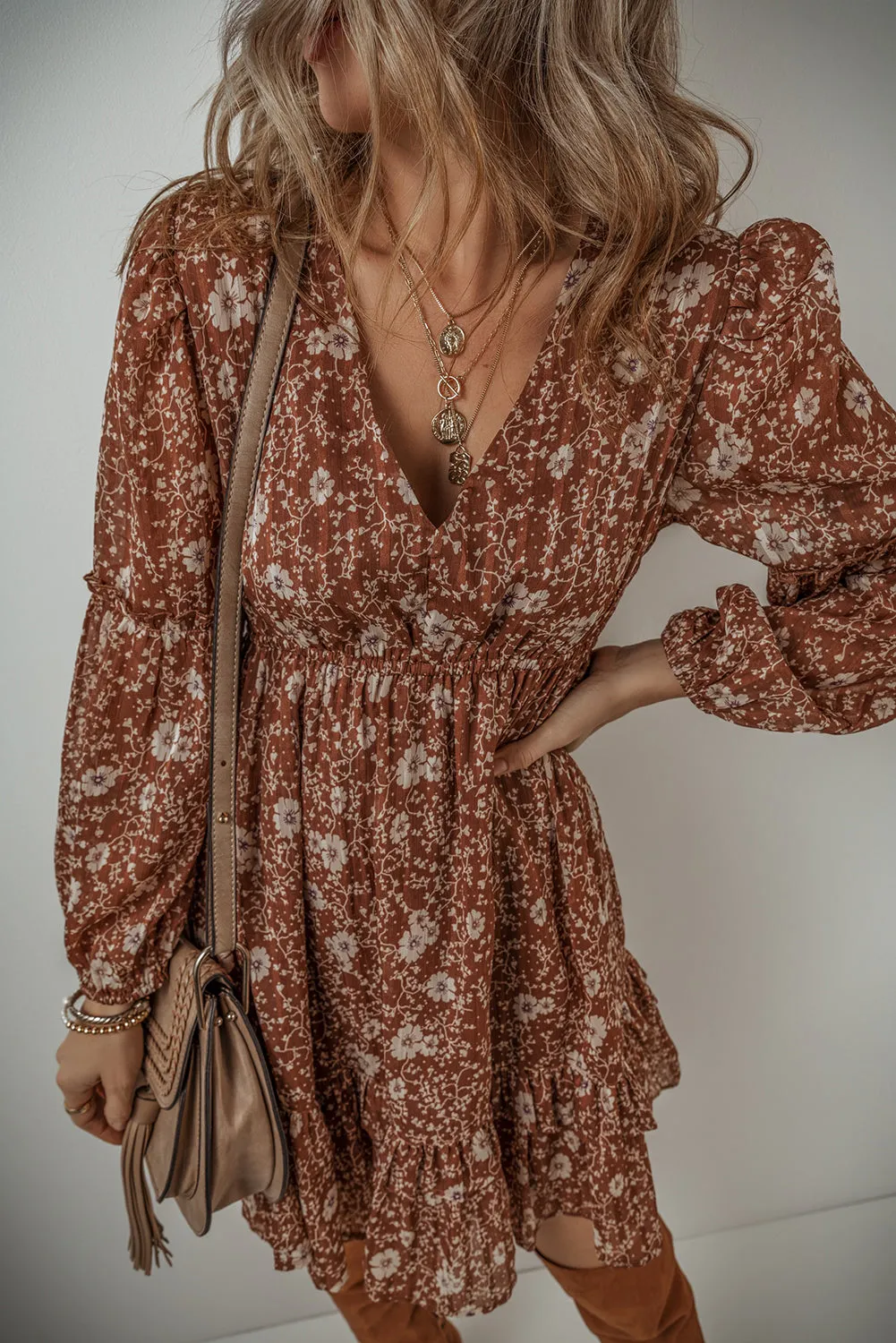 Boho Floral Ruffled Puff Sleeve Mini Dress