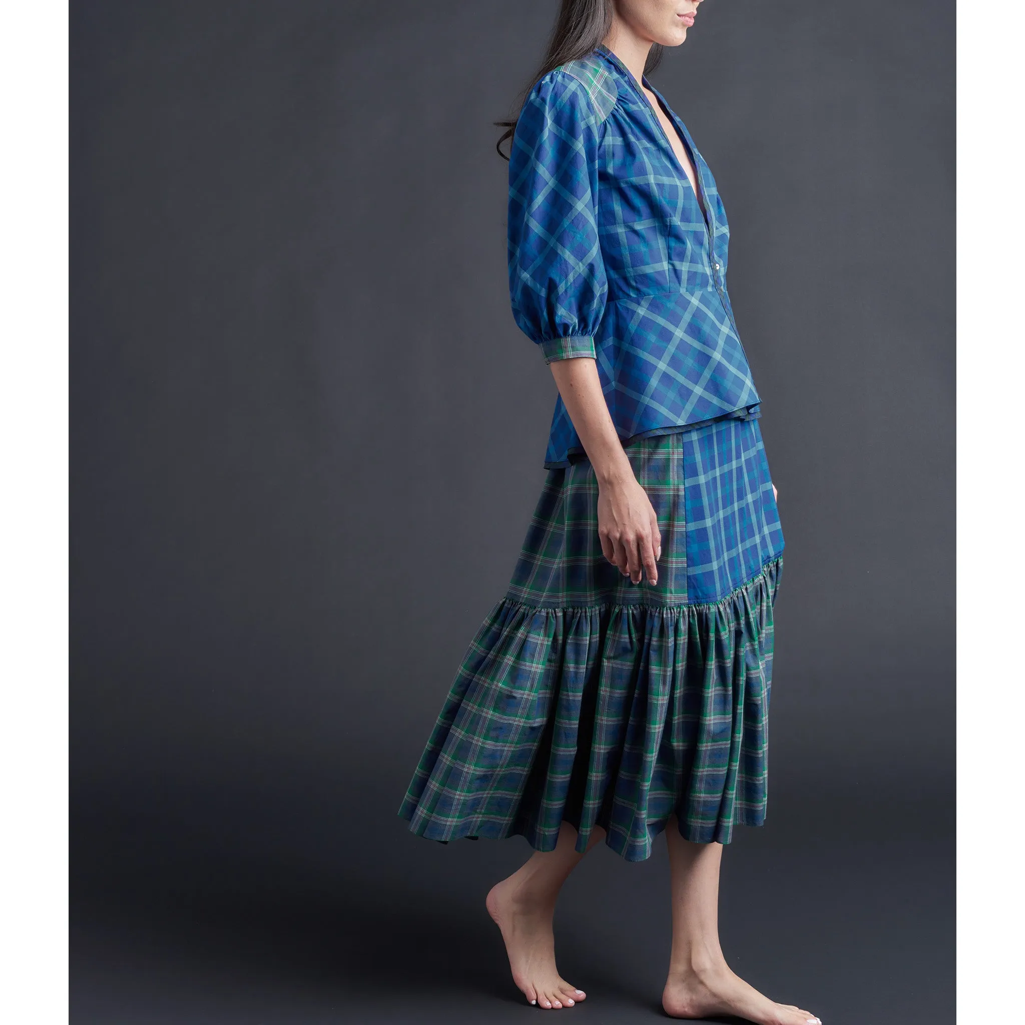 Brigitte Ruffle Skirt in Italian Cotton Blue Green Plaid