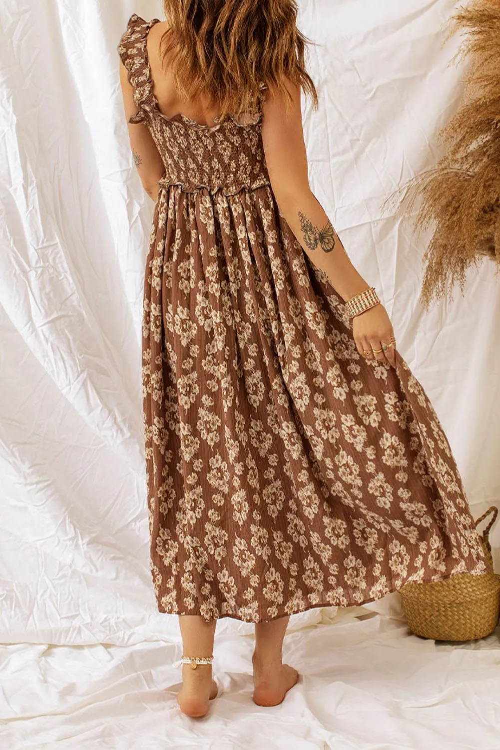 Brown Floral Maxi Dress with Ruffled Straps and Smocked Details