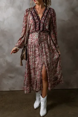 Brown Floral Print Split Front Tiered Frilled V Neck Midi Dress