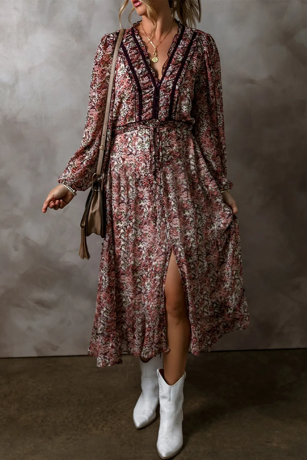 Brown Floral Print Split Front Tiered Frilled V Neck Midi Dress