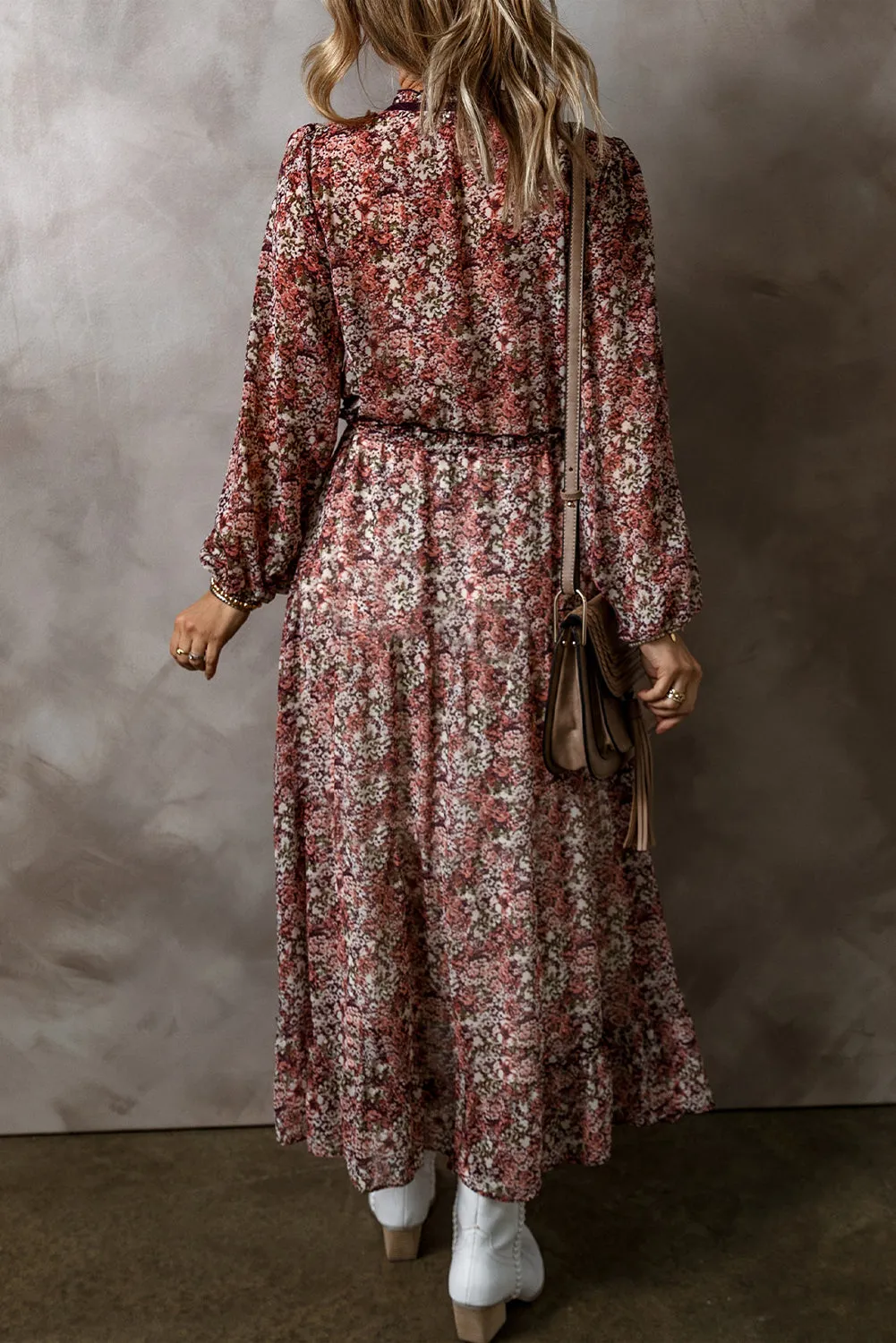 Brown Floral Print Split Front Tiered Frilled V Neck Midi Dress