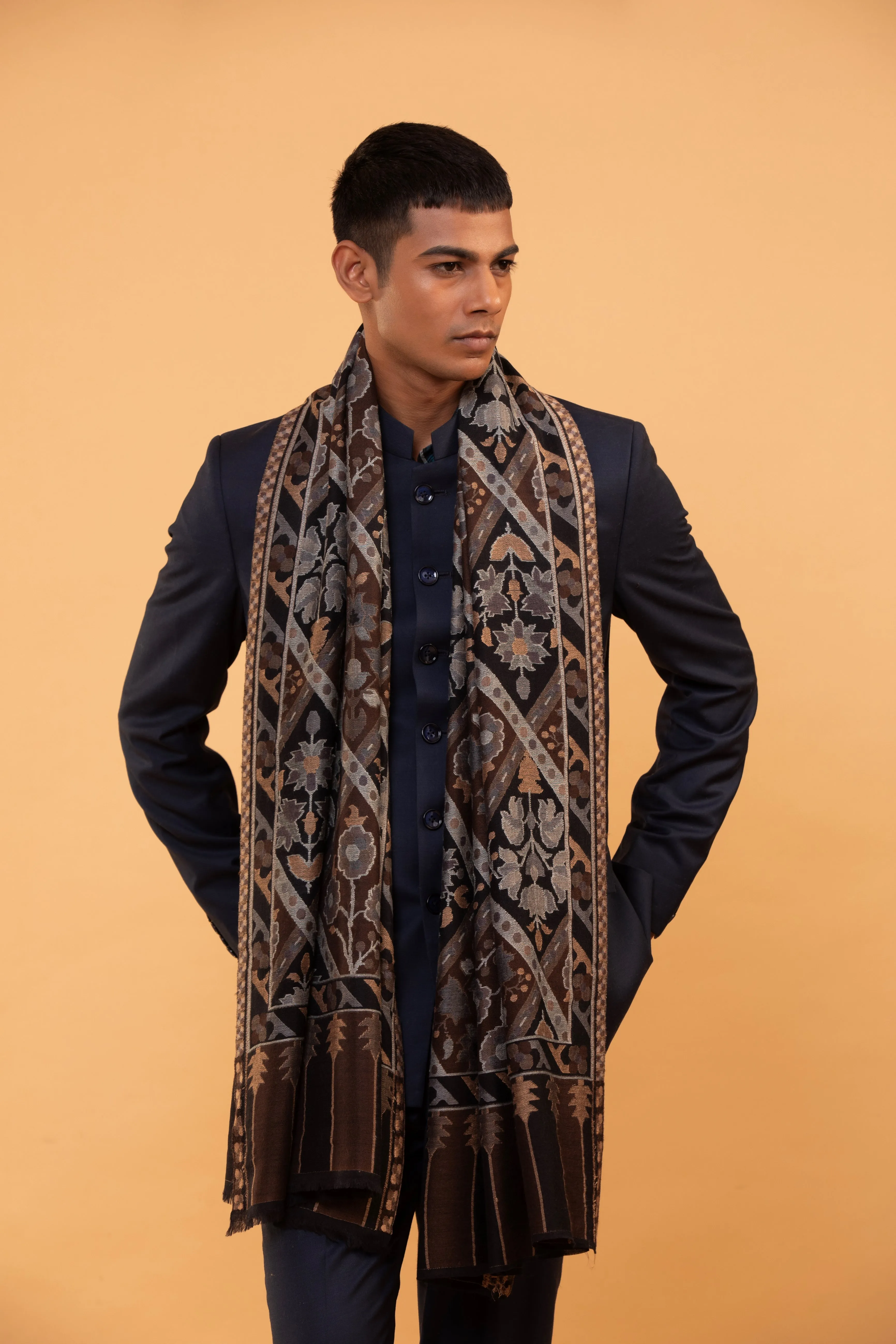 Brown Hand Embroidered Fine Wool Men's Shawl - Luxury Wrap