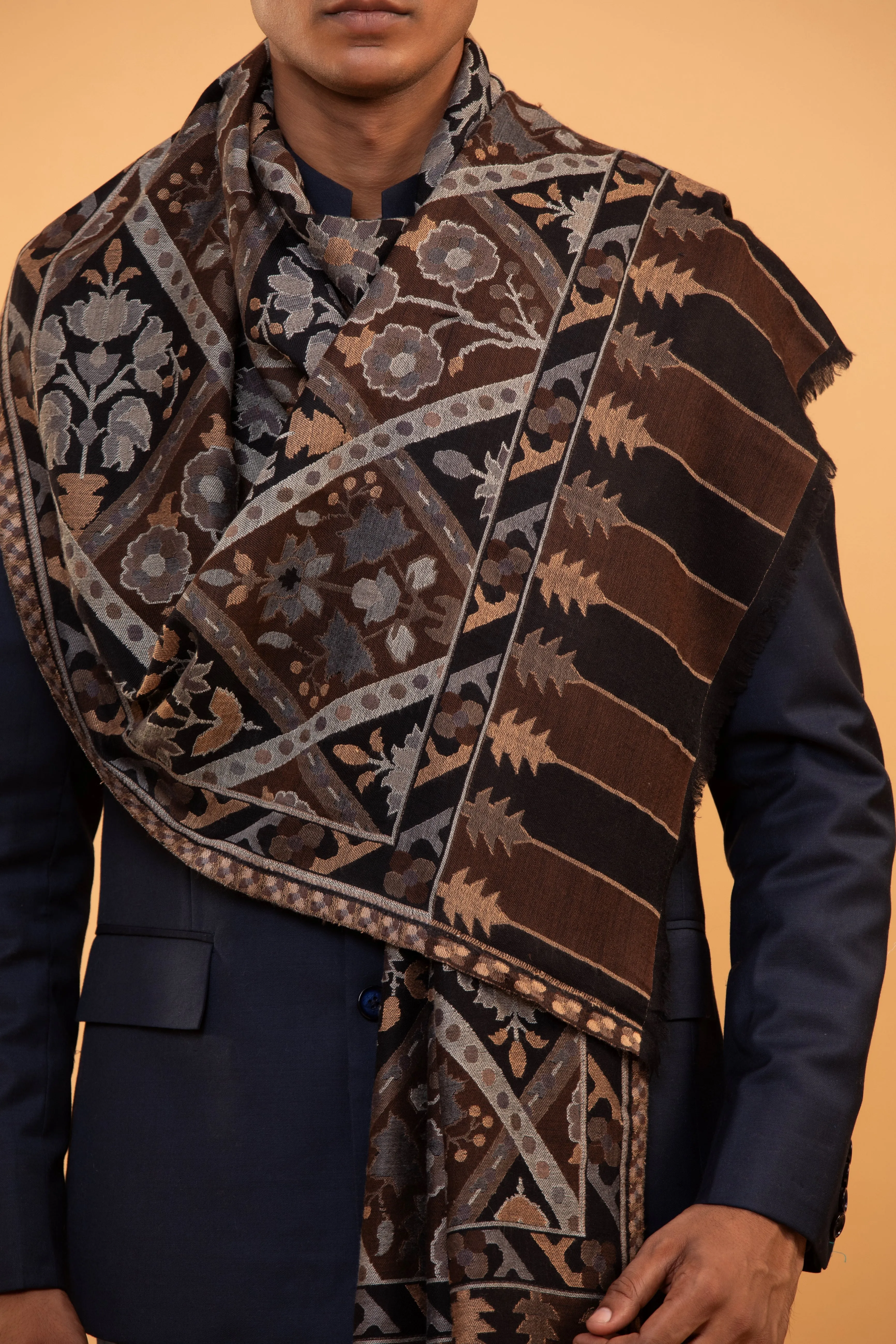 Brown Hand Embroidered Fine Wool Men's Shawl - Luxury Wrap