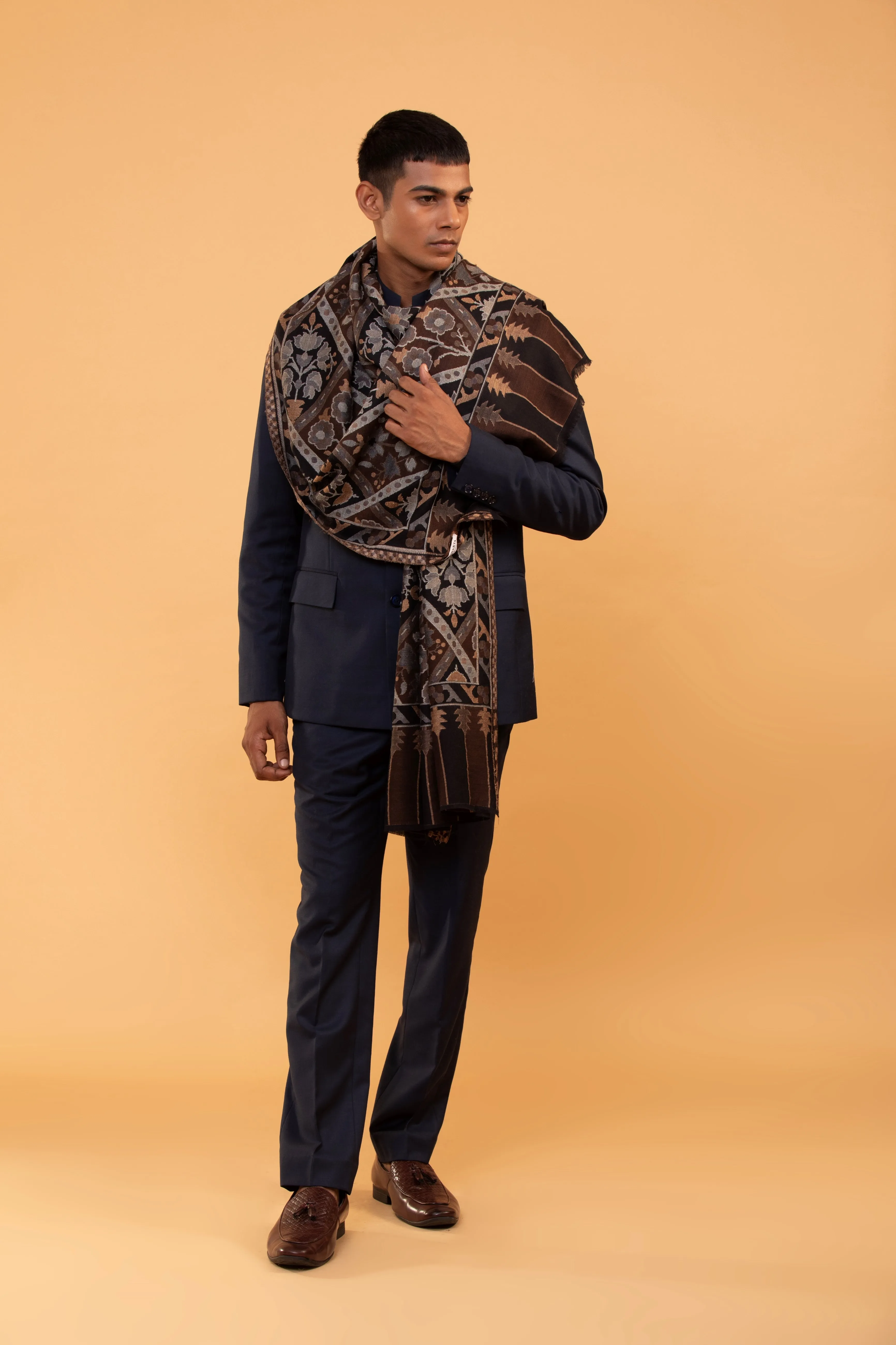 Brown Hand Embroidered Fine Wool Men's Shawl - Luxury Wrap