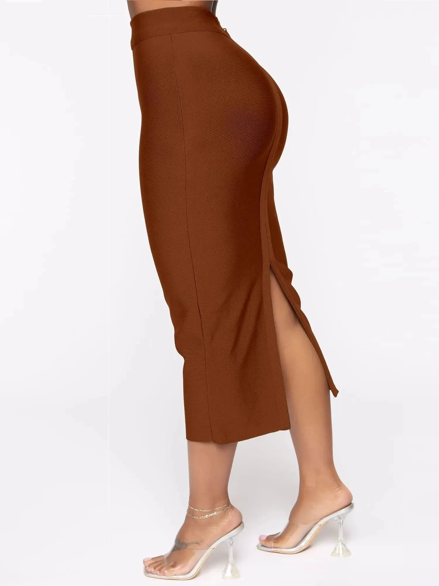 Brown High Waist Split Bandage Bodycon Midi Skirt