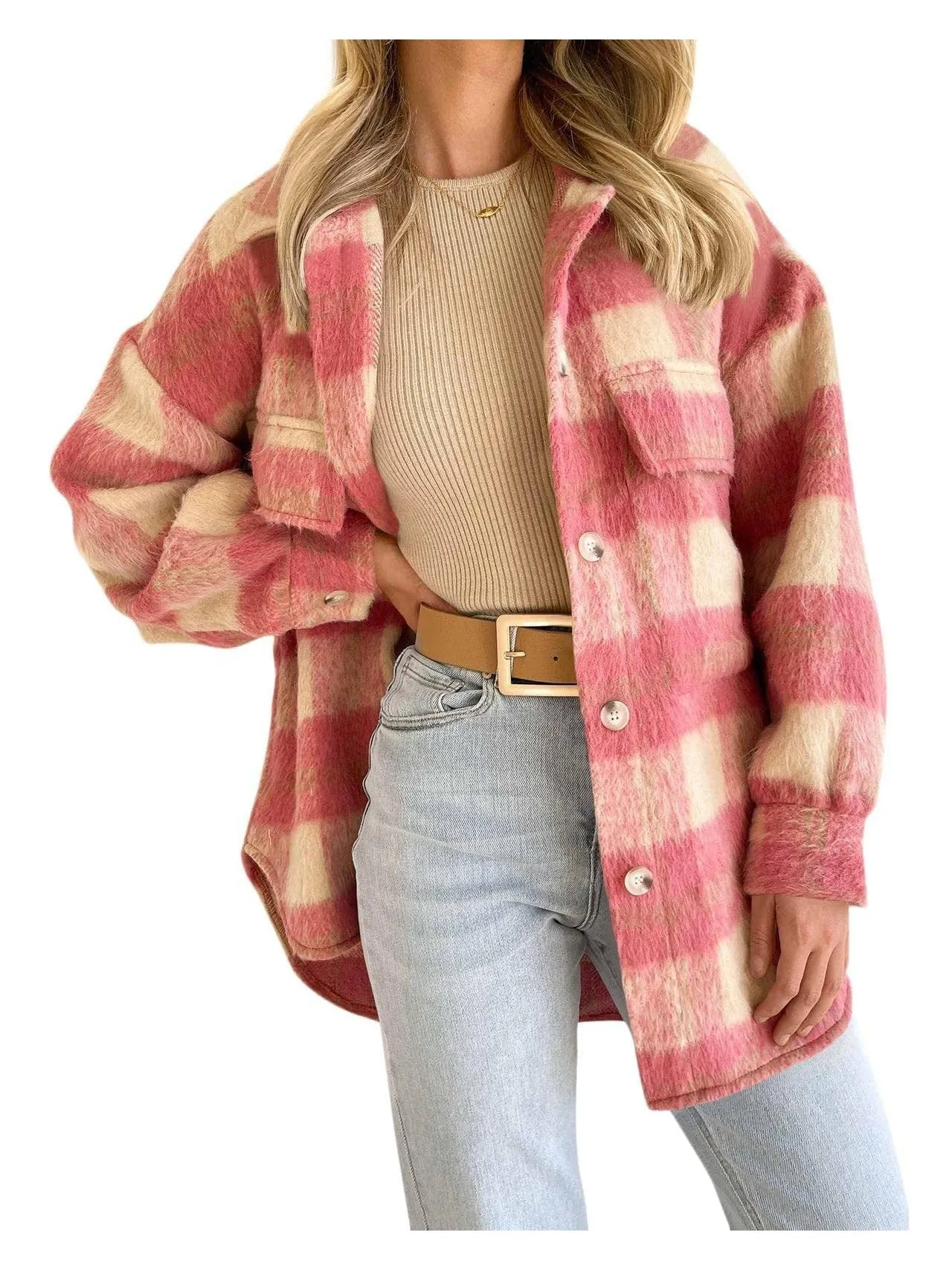 Button-Down Plaid Jacket for Women