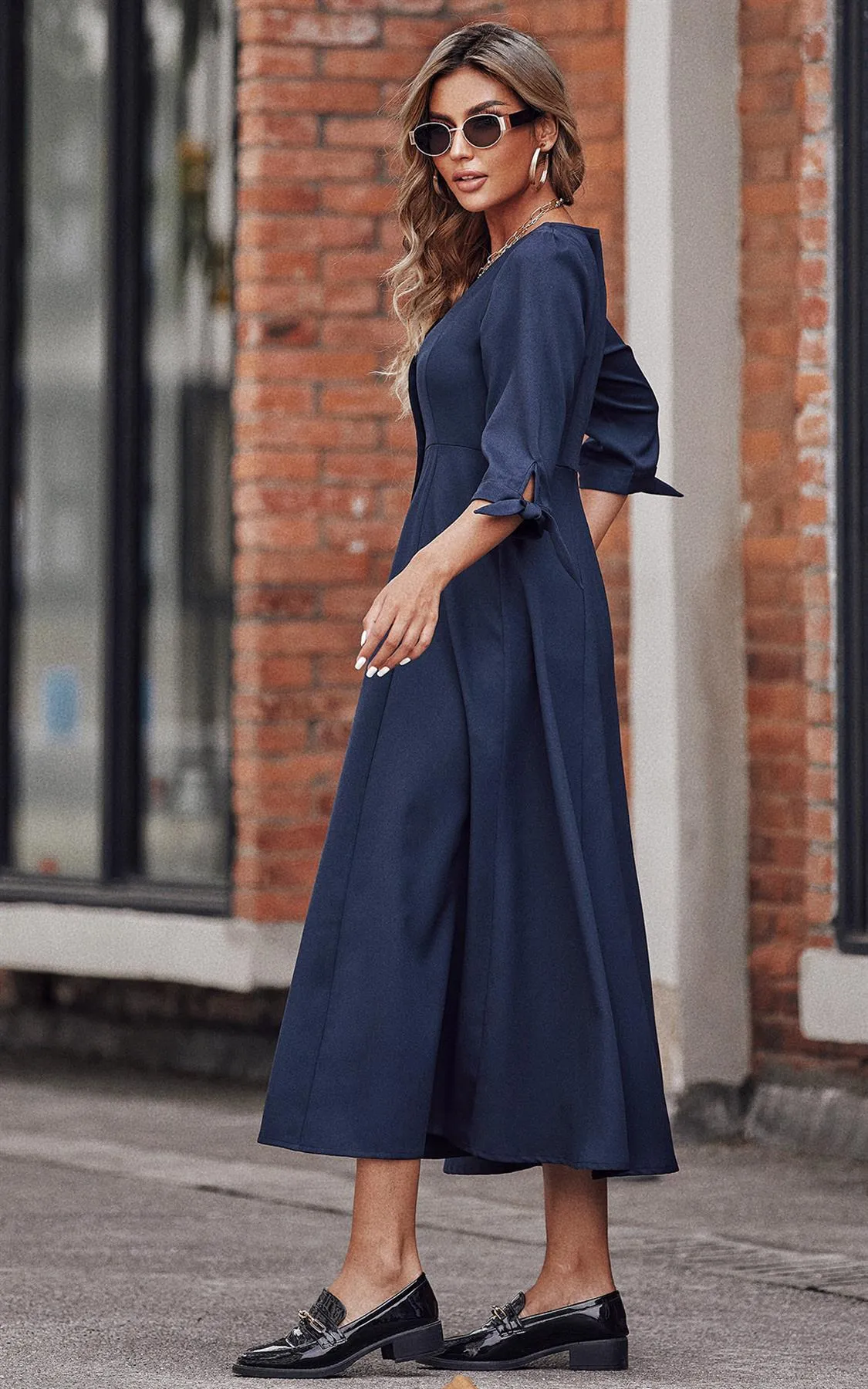 Button Down Sleeve Tie Detail Midi Dress In Navy