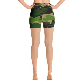 Camo Print Yoga Shorts, High Waist Military Army Green Camouflage Women's Shorts, Made in USA