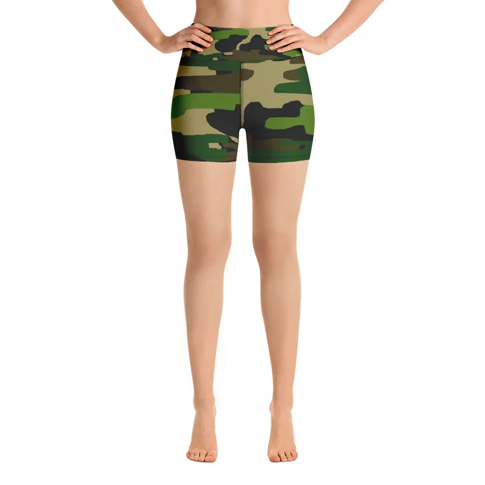 Camo Print Yoga Shorts, High Waist Military Army Green Camouflage Women's Shorts, Made in USA