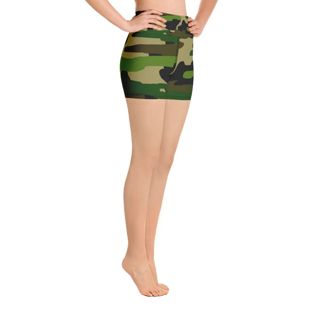 Camo Print Yoga Shorts, High Waist Military Army Green Camouflage Women's Shorts, Made in USA