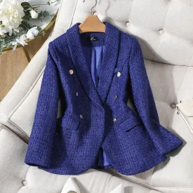 CAROLINE SUITS Women's Elegant Stylish Fashion Office Professional Woven Royal Blue Plaid Blazer Jacket