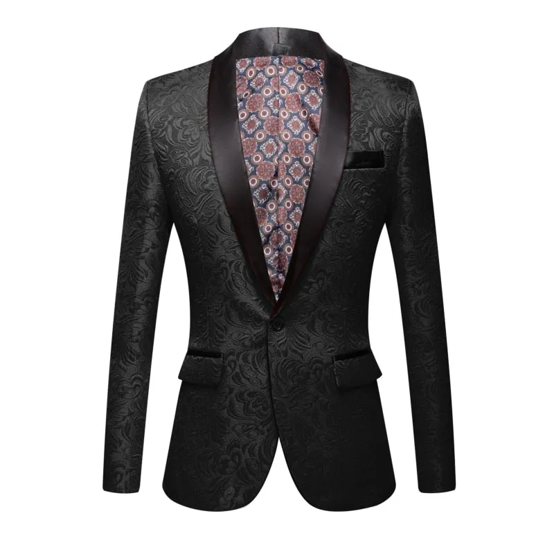 CGSUITS Men's Fashion Luxury Style Jacquard White & Black Tuxedo Blazer Suit Jacket