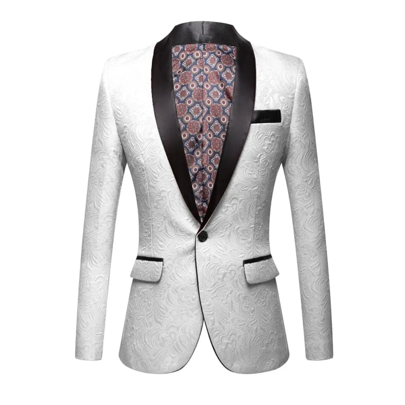 CGSUITS Men's Fashion Luxury Style Jacquard White & Black Tuxedo Blazer Suit Jacket