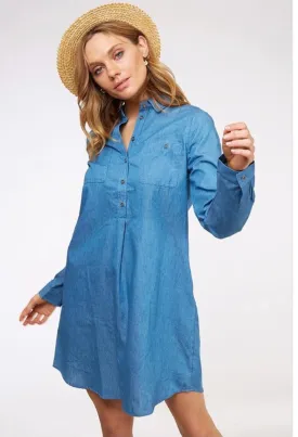 Chambray Half Button Down Shirt Dress With Pocket