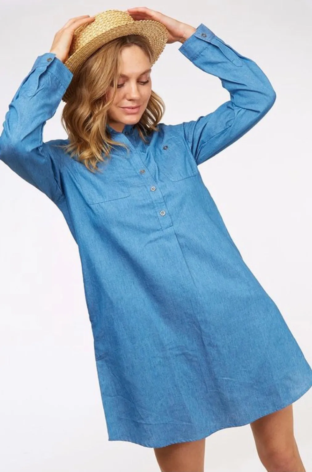 Chambray Half Button Down Shirt Dress With Pocket