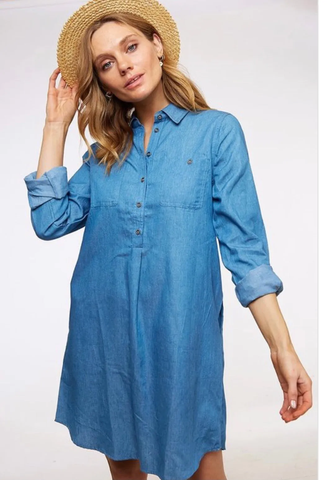 Chambray Half Button Down Shirt Dress With Pocket