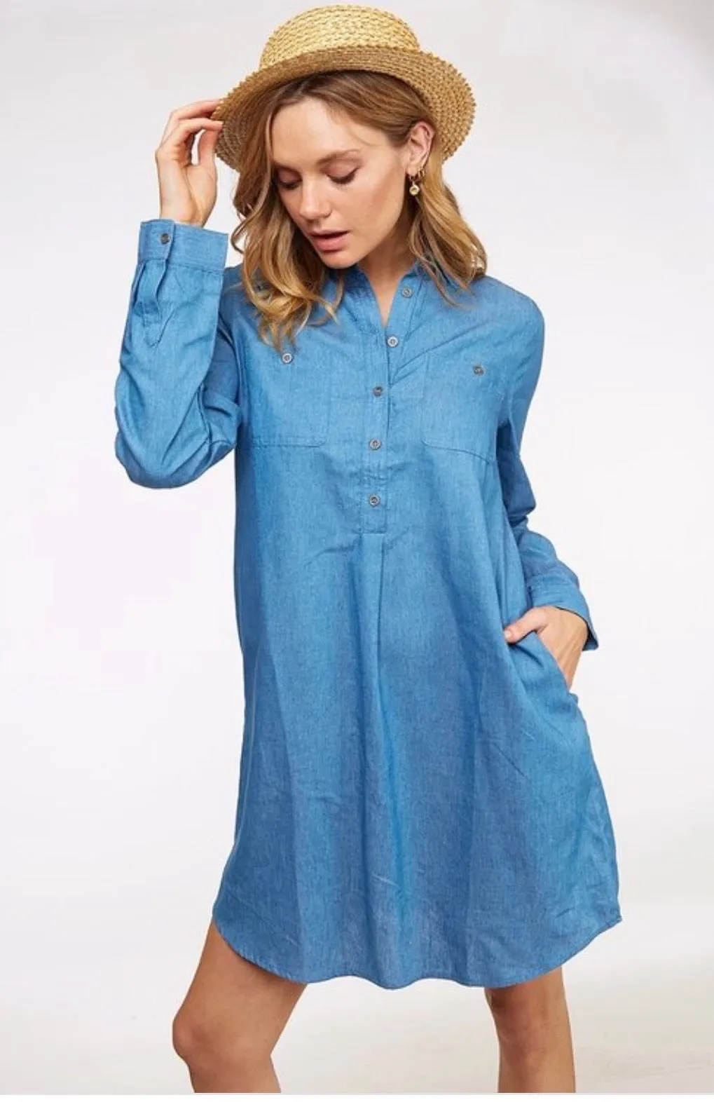 Chambray Half Button Down Shirt Dress With Pocket