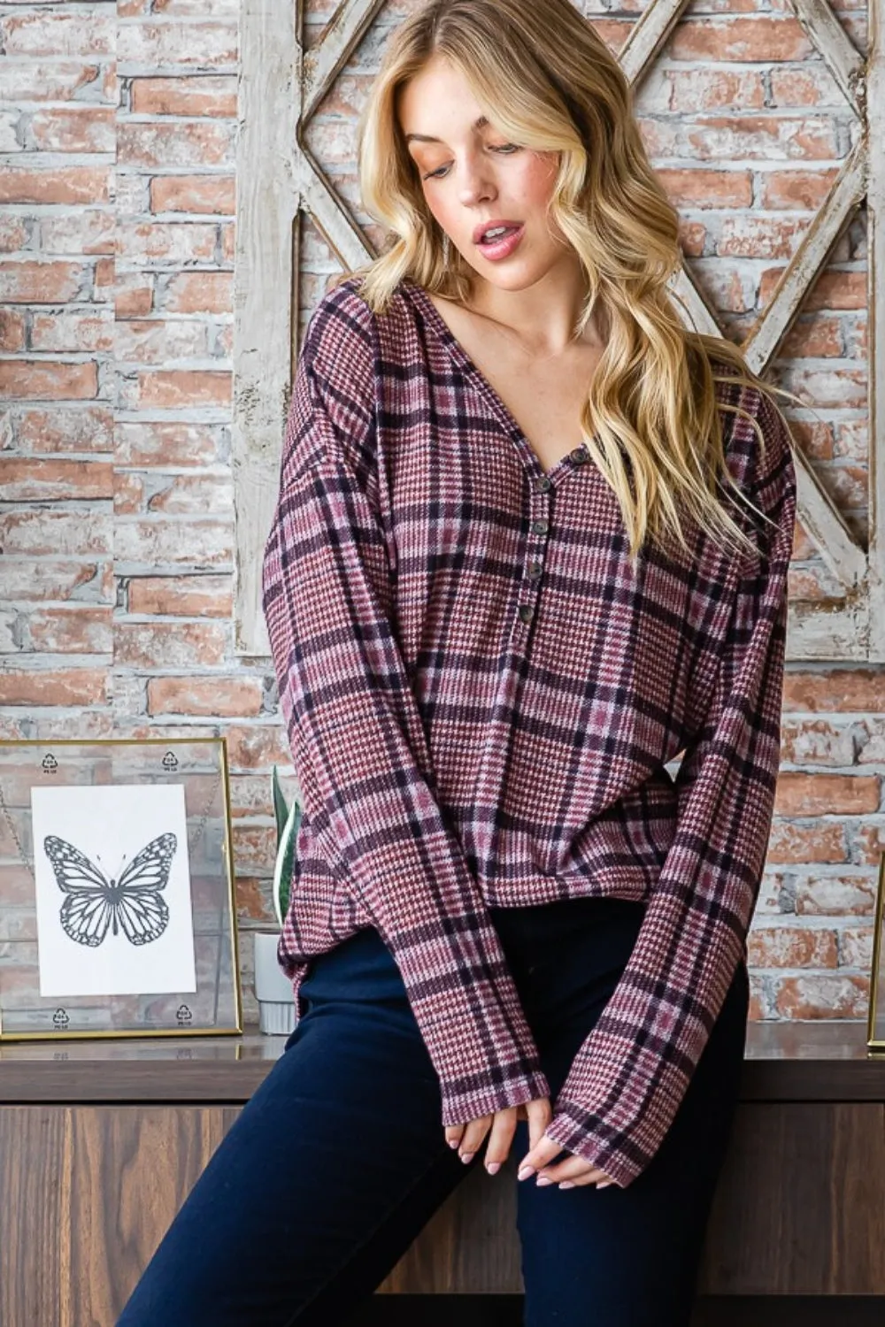 Cherise Plaid V-Neck Long Sleeve Top