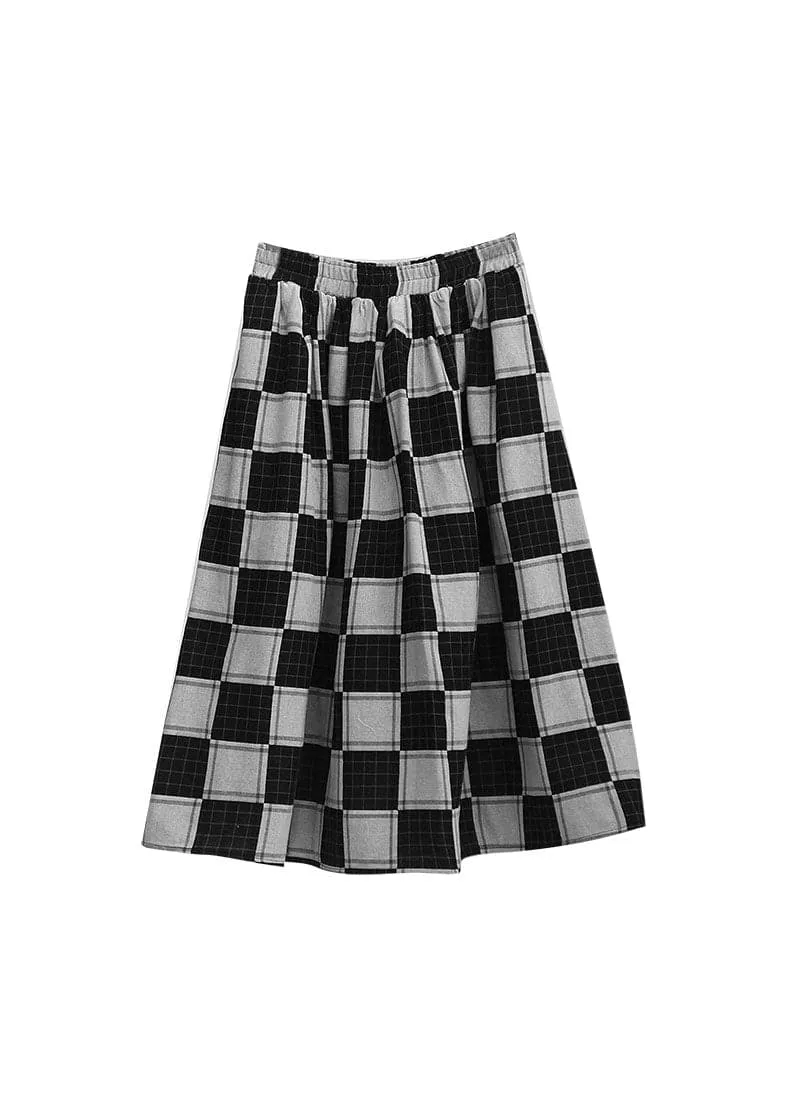 Chic Colorblock elastic waist Plaid Skirt Spring