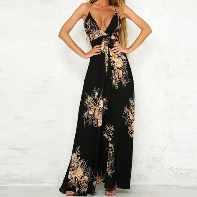 Chiffon Sleeveless Halterneck Print Patchwork Maxi Dresses