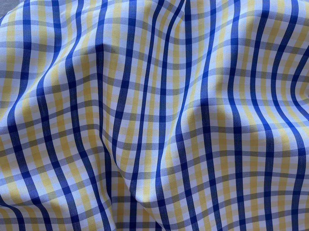 Cobalt Blue & Lemon Yellow Tattersall Plaid Pima Cotton Shirting (Made in Italy)