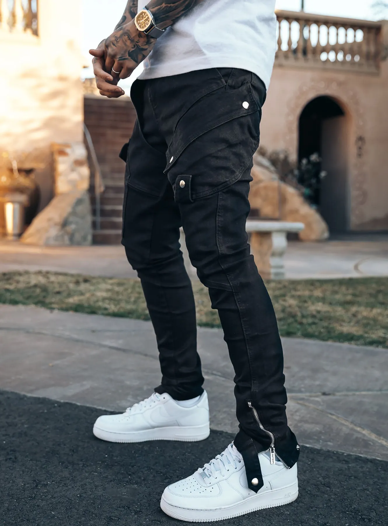 Constructed Cargo Jeans in Jet Black