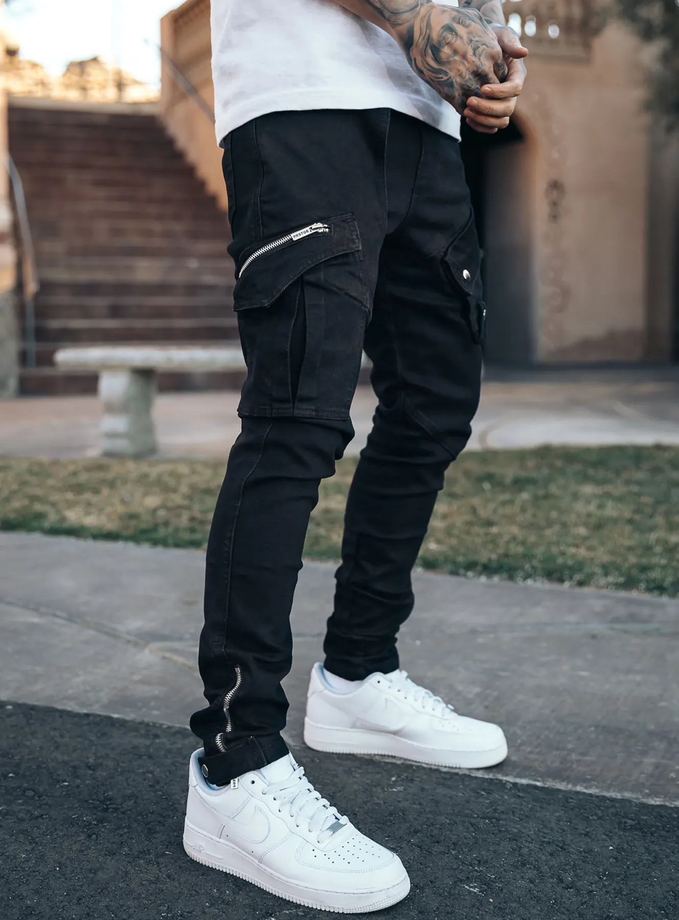 Constructed Cargo Jeans in Jet Black