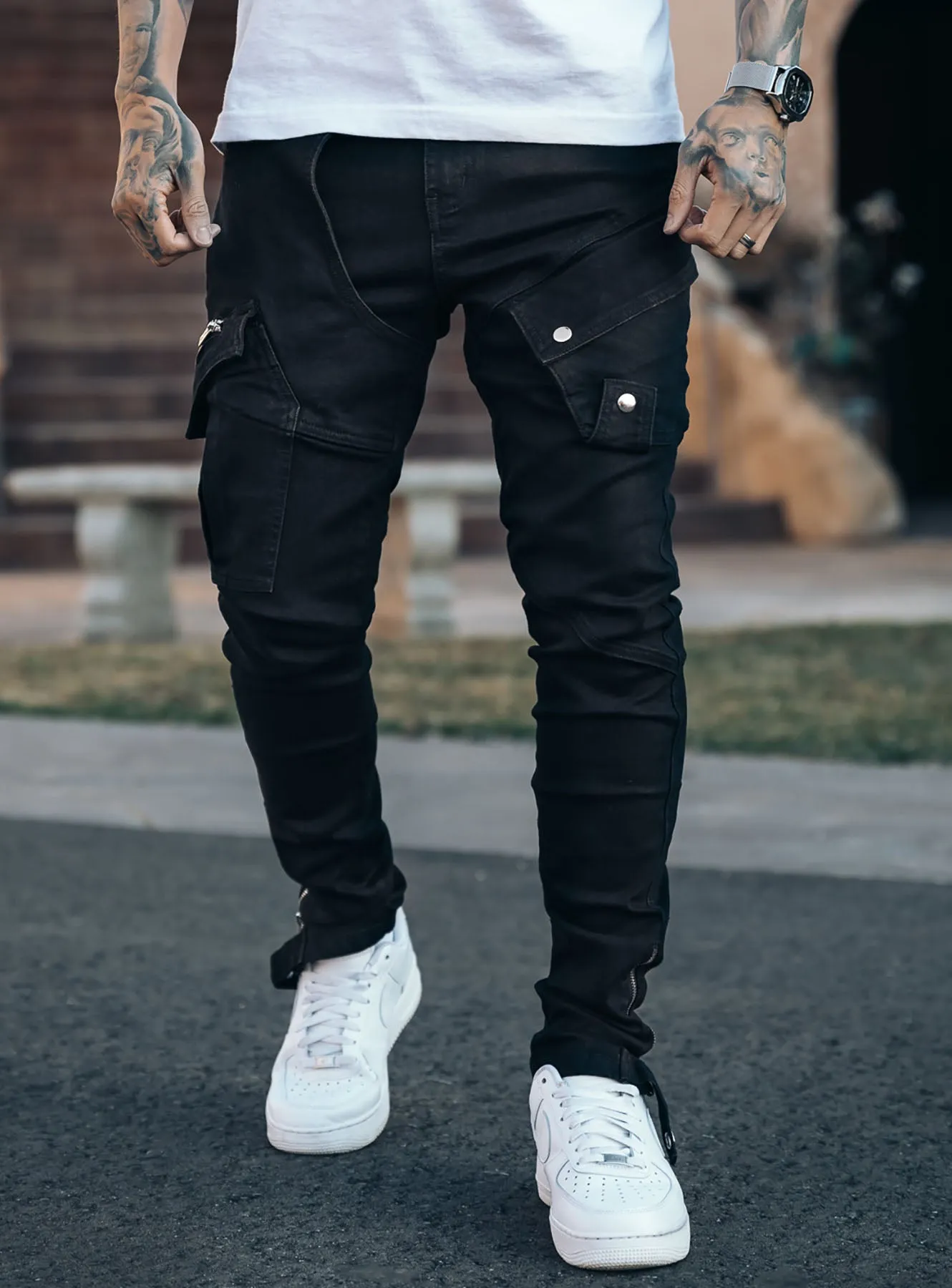 Constructed Cargo Jeans in Jet Black