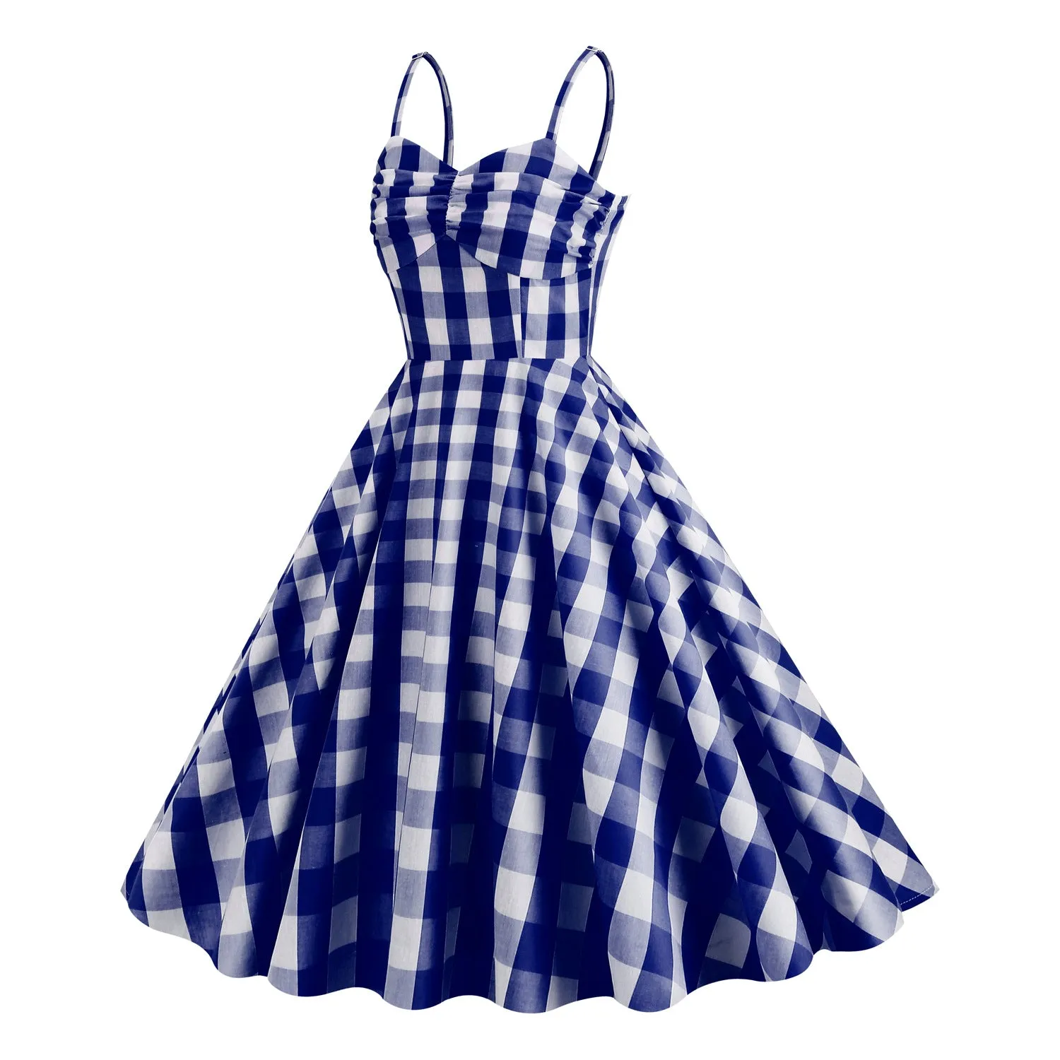 Cosplay Vintage Cotton Holiday Pink Plaid Stripe Spaghetti High Waist Flare Midi Dress