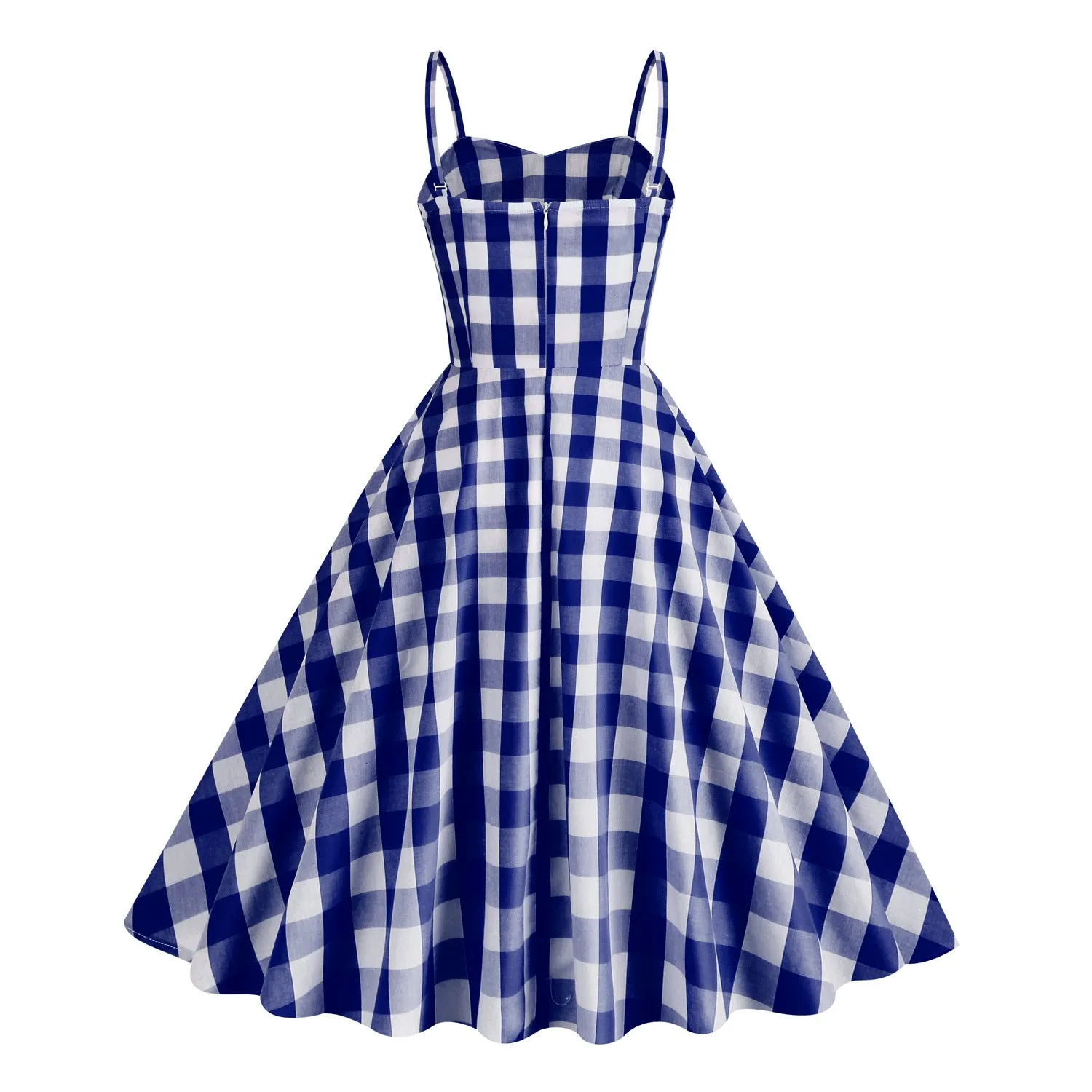 Cosplay Vintage Cotton Holiday Pink Plaid Stripe Spaghetti High Waist Flare Midi Dress