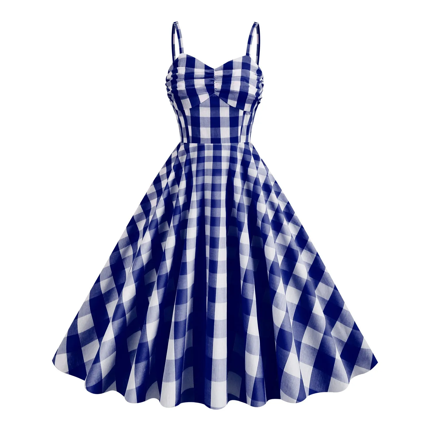 Cosplay Vintage Cotton Holiday Pink Plaid Stripe Spaghetti High Waist Flare Midi Dress